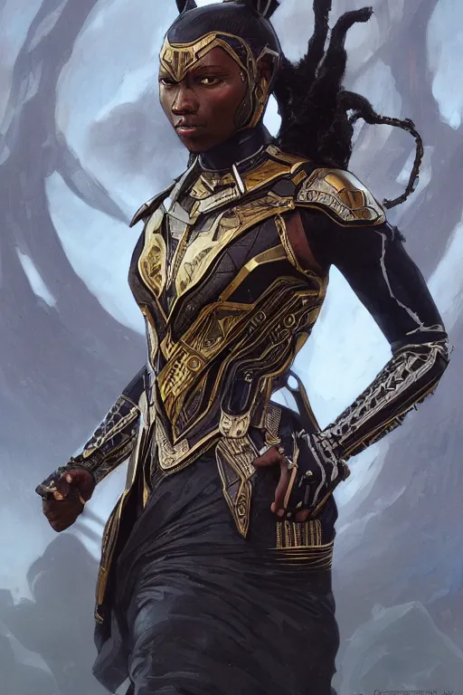 Prompt: ultra realistic illustration, wakandan warrior wearing victorian era armor, sci - fi, fantasy, intricate, elegant, highly detailed, digital painting, artstation, concept art, smooth, sharp focus, illustration, art by artgerm and greg rutkowski and alphonse mucha