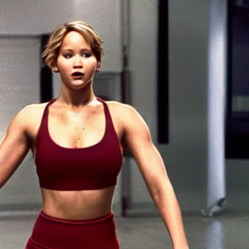 Image similar to still of jacked Jennifer Lawrence in a remake of Pumping Iron (2029)