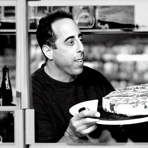 Image similar to jerry seinfeld eating a large wheel of cheese, realistic, color film,