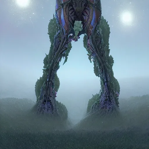 Prompt: concept art of a slender giant fractal titan, elegant, day time, foreboding, fantasy, field, roses, trending on artstation, wayne barlowe