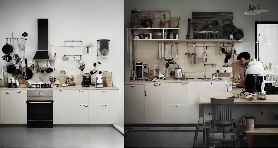 Prompt: IKEA catalogue photo, high end farm house style kitchen, sand dunes, coffee machine, by Beksiński