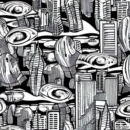 Image similar to black and white alien molluscan cityscape