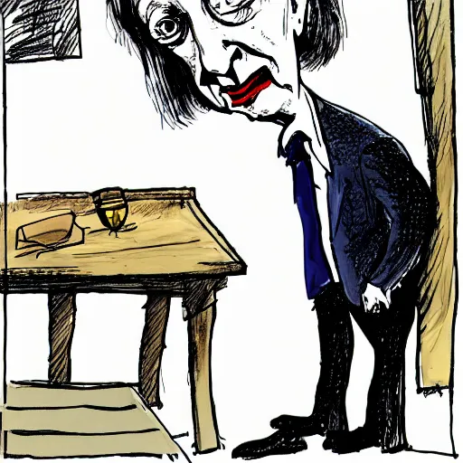 Prompt: Liz Truss looking sad, political cartoon, style of Ralph Steadman