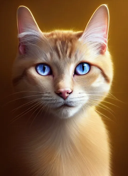 Prompt: a beautiful portrait, golden background, gorgeous fantasy happy cat, professionally retouched, soft lighting, realistic, smooth face, gorgeous blue eyes, long white hair, cute ears, wide angle, sharp focus on the eyes, 8 k high definition, insanely detailed, intricate, elegant, gorgeous, art by artgerm and wlop