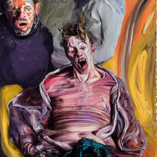 Prompt: high quality high detail painting of a man in agony by lucian freud and jenny saville and francis bacon and malcom liepke and nicola samori, hd, anxiety, seated with friend in a living room crying and screaming, turquoise and purple and orange and pink, dark atmosphere