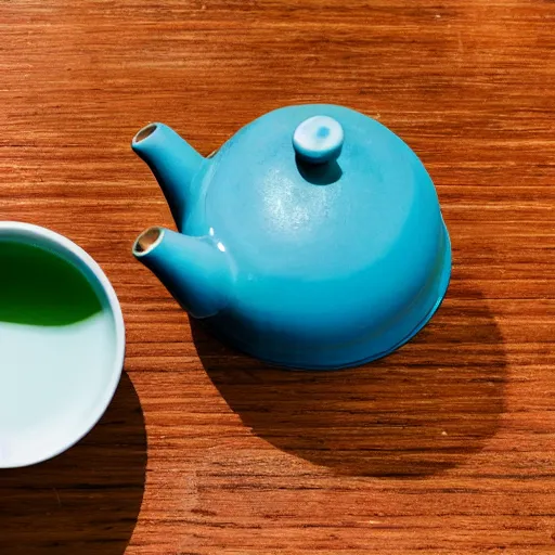 Prompt: photograph of a blue teapot on a table next to a cup of green matcha tea, portra 800