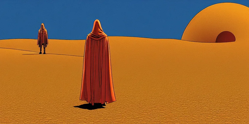 Image similar to android in cloak standing in dunes illustration by moebius