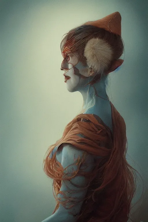 Image similar to A surreal painting causing skewed and negative outcomes in this gorgeous female portrait, in the style of James jean, Brian froud, ross tran, realistic 3D, digital art, insanely detailed, octane render, unreal engine, hyper-realistic, super detailed