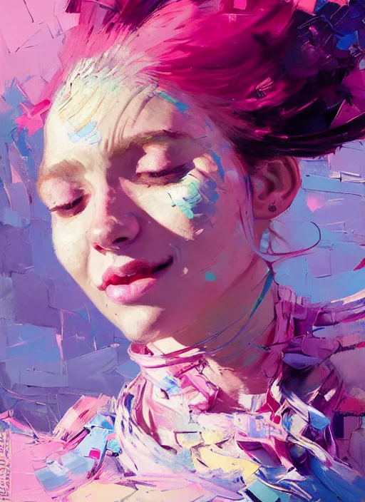 Image similar to portrait of a beautiful girl, smiling, ecstatic, dancing, eyes closed, open mouth, shades of pink and blue, beautiful face, rule of thirds, intricate outfit, spotlight, by greg rutkowski, by jeremy mann, by francoise nielly, by van gogh, digital painting