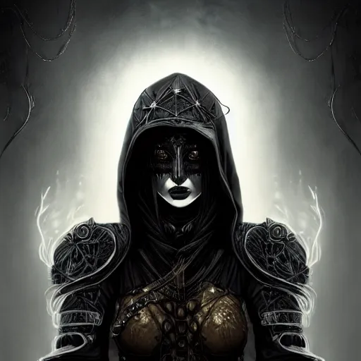 Prompt: portrait of gorgeous magician woman in hoodie and armor, Dark art, grungy, nightmare, hyperdetailed, artstation, trending on cgsociety, ultra high quality, golden ratio, intricate artwork masterpiece, by Ron Cobb, 8k, High contrast, foggy, moody