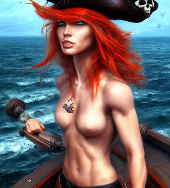 Prompt: muscular female pirate at sea, perfect face, black hat, leather halter top, ginger hair, abs, cinematic, blush, stunning, athletic, strong, agile, highly detailed, psychedelic, digital painting, artstation, smooth, hard focus, illustration, art by jessica rossier and and brian froud
