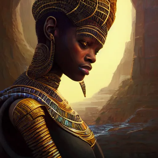 Image similar to highly detailed portrait of an african egyptian goddess, intricate alien technology, stephen bliss, unreal engine, fantasy art by greg rutkowski, loish, rhads, ferdinand knab, makoto shinkai and lois van baarle, ilya kuvshinov, rossdraws, tom bagshaw, global illumination, bokeh, radiant light, detailed and intricate environment