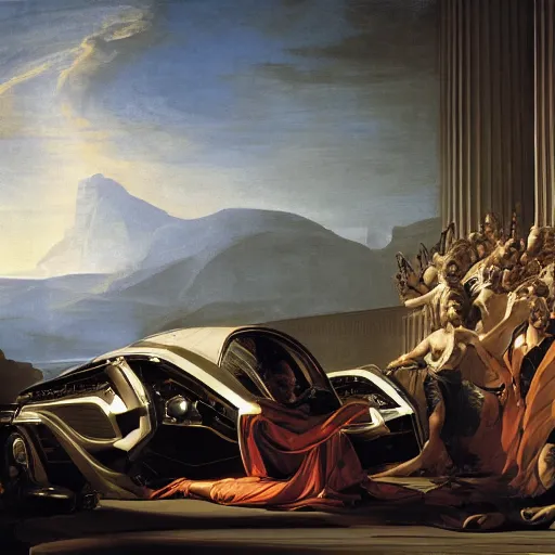 Image similar to full lenght sci-fi cars in the coronation of napoleon painting by Jacques-Louis David and point cloud in the middle and everything in form of zaha hadid architects artwork by caravaggio unreal engine 5 keyshot octane lighting ultra high detail ultra hyper realism 8k 16k in plastic dark tilt shift full-length view