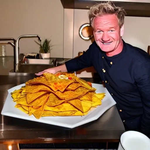 Image similar to < photo hd trending funny > gordon ramsey exudes joy from seeing an incredibly oversized plate of nachos < photo >