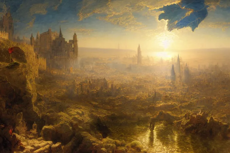 Image similar to a detailed matte landscape painting of king richard the lionhearted as a shonen anime protagonist attacking jerusalem, 8 k, volumetric lighting, in the style of disney, art by albert bierstadt and thomas moran