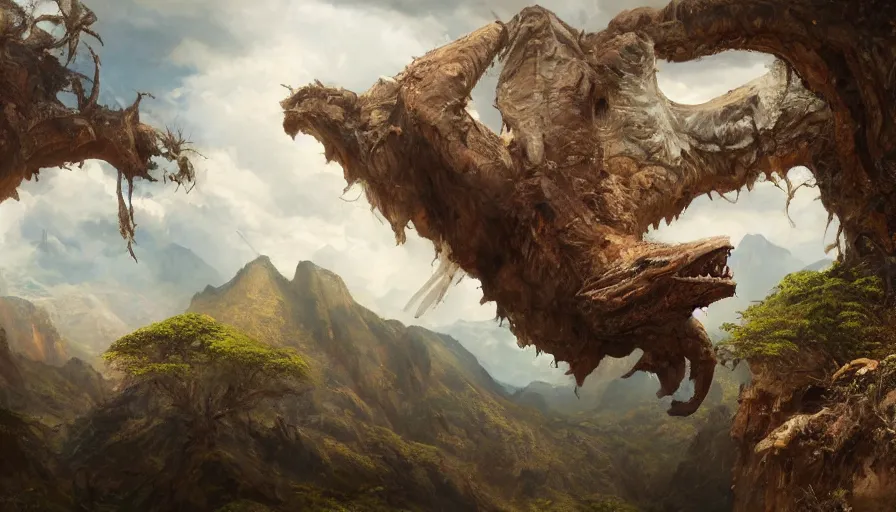 Prompt: excellent painted daemon in a wide epic beautiful landscape somewhere in south america with fluffy clouds, painted by Hans Fredrik Gude, Greg Rutkowksi, Craig Mullins and Artgerm, masterpiece, 4k, ultra realistic highly detailed oil painting