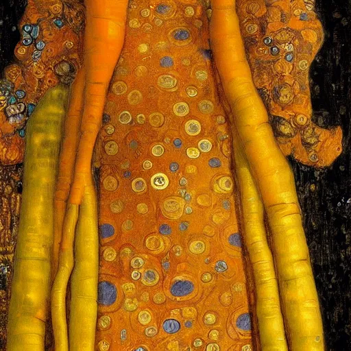 Prompt: Golden Portrait of a smiling carrot by Gustav Klimt, cyberpunk noir, baroque elements, intricate artwork by caravaggio, aesthetic, intricate, elegant, highly detailed, masterpiece