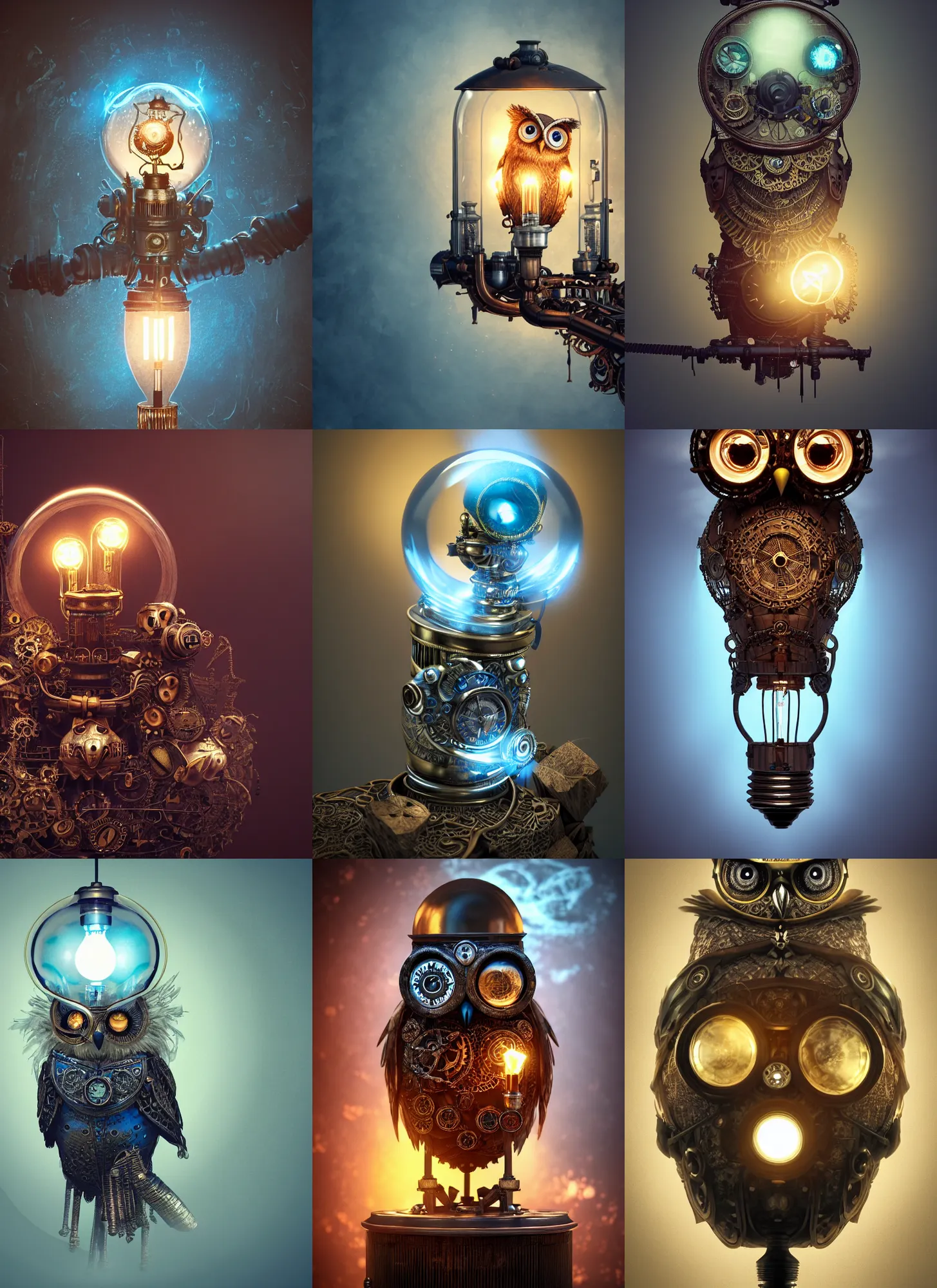 Prompt: steampunk owl lightbulb, intricate detail, volumetric lighting, epic composition, hyper detailed, ultra realistic, sharp focus, octane render, candle, blue moon, volumetric, ray tracing, artstation trending, cgsociety, sense of awe, swirling mist, 4 k
