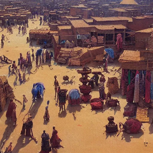 Prompt: a busy bazaar in timbuktu on a sunny day, high detail, beksinski, ted nashmith, moebius