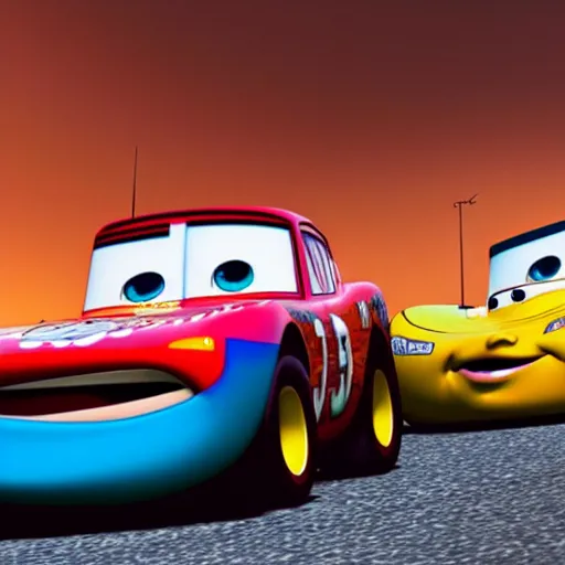 Prompt: a photo from the movie cars, where lightning mcqueen gets into a greusome car accident with tow mater. rendered in 4 k with presto animation software.