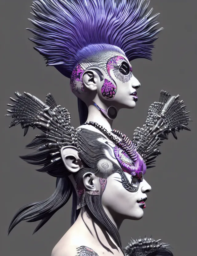 Image similar to 3 d goddess close - up profile portrait punk with mohawk with ram skull. beautiful intricately detailed japanese crow kitsune mask and clasical japanese kimono. betta fish, jellyfish phoenix, bio luminescent, plasma, ice, water, wind, creature, artwork by tooth wu and wlop and beeple and greg rutkowski