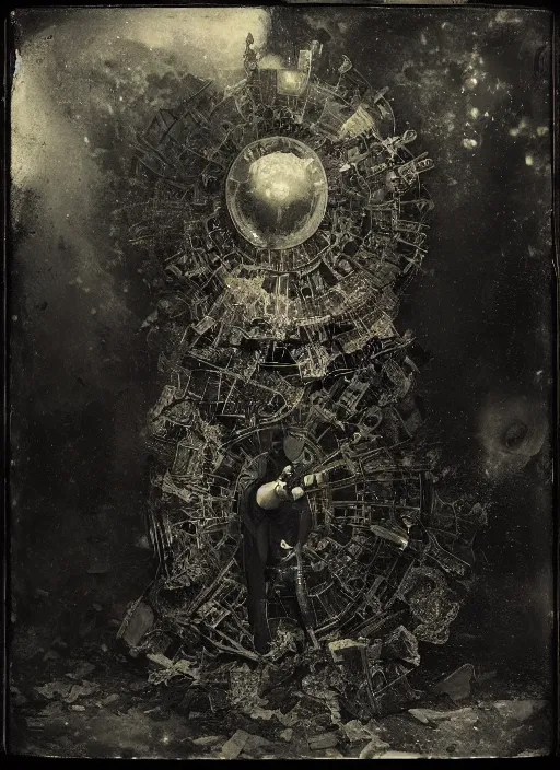 Image similar to old wetplate daguerreotype, portrait of a futuristic time traveler, explosion of data fragments, fractal, intricate, elegant, highly detailed, parallax, leica, medium format, subsurface scattering, by jheronimus bosch and greg rutkowski and louis jacques mande daguerre