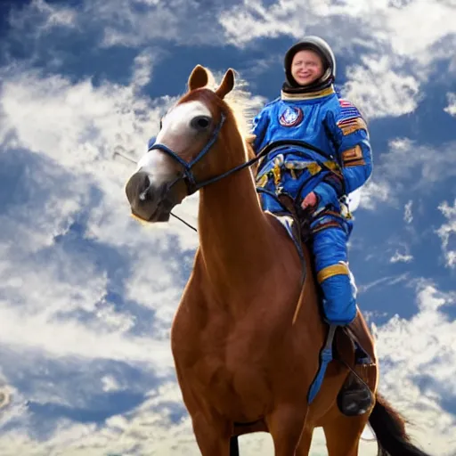 Prompt: a horse sat, saddled, on horseback, an astronaut and rides him into space