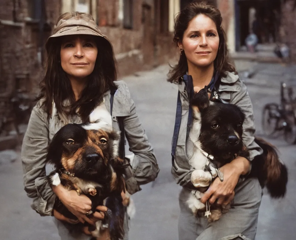 Image similar to closeup portrait of beautiful woman carrying a dog, smoky new york back street, by annie leibovitz and steve mccurry, natural light, detailed face, canon eos c 3 0 0, ƒ 1. 8, 3 5 mm, 8 k, medium - format print