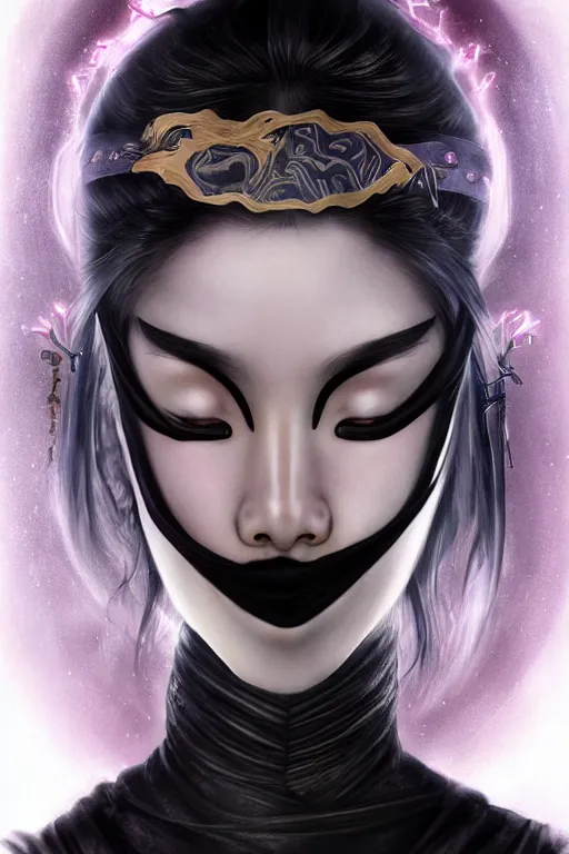 Image similar to beautiful ultradetailed young female ninja portrait, wearing mask of Ninja, black magic and mystery and evil and stunning, reference from video game Far East of Eden+smoky eyes+light flowing hair, ssci-fi, fantasy, in mudra and firefly night ruin tokyo temple, ultradetail face, art and illustration by craig mullins and tian zi and WLOP and alphonse mucha, human structure, intricate complexity, fantasy world concept, watermark, blurry, hyperrealism 8k