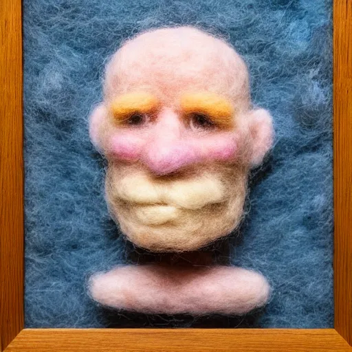 Prompt: Needle felting art representing Ed Harris, studio lighting, F 1.4 Kodak Portra