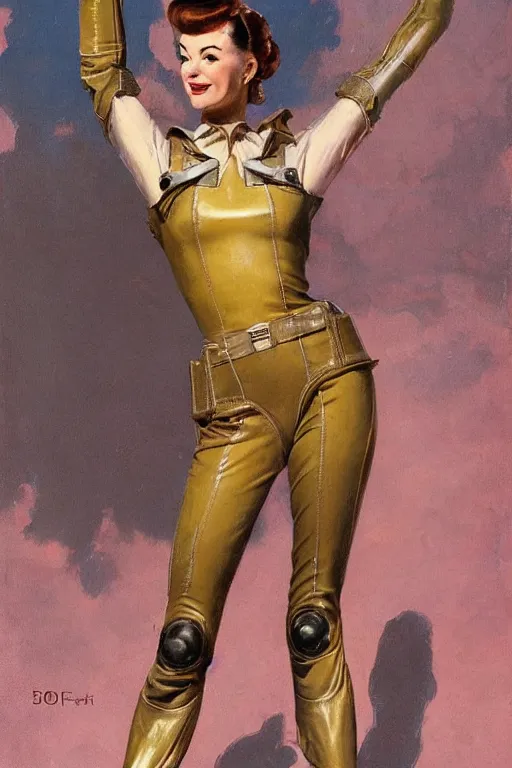 Image similar to 5 0 s pulp scifi fantasy illustration full body portrait elegant slim mature woman in leather spacesuit, dynamic, by norman rockwell, roberto ferri, daniel gerhartz, edd cartier, jack kirby, howard v brown, ruan jia, tom lovell, frank r paul, dean cornwell, astounding stories, amazing, fantasy, other worlds