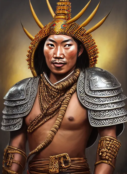 Image similar to smart tai warlord of lanna, chiang mai, closeup portrait, without beard and mustache, historical hero, ethnic group, tai costume, thai traditional bronze headdress, intricate, with leather armor cross on bare chest, elegant, loin cloth, highly detailed, oil painting, artstation, concept art, matte, sharp focus, illustration, hearthstone, art by earl norem