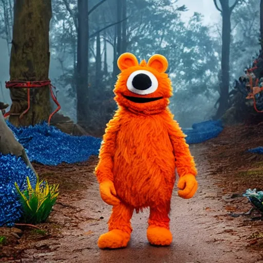 Image similar to a large orange fox muppet wearing a hooded cloak and herding a bunch of random muppet animals following behind through a dark blue forest, sesame street, photograph, photography, ultrarealistic, national geographic