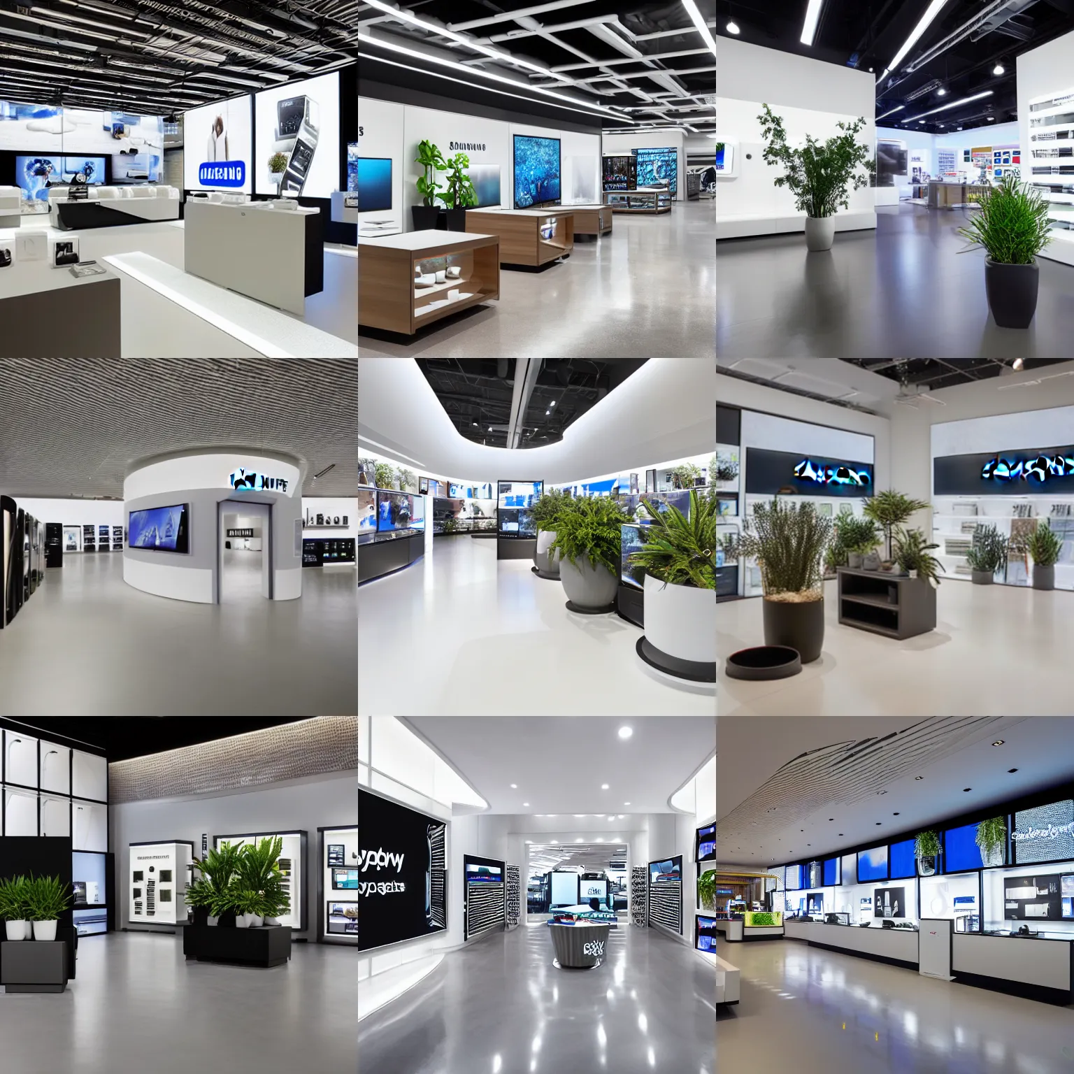 Prompt: hyperdetailed samsung store, polished concrete, white walls, digital screens, curved furniture, potted plants.