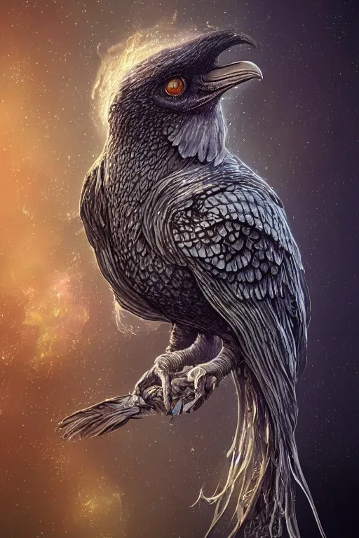 Image similar to a wlop 3 d render of very very very very highly detailed beautiful mystic portrait of a phantom undead raven bird with whirling galaxy around, tattoos by anton pieck, intricate, extremely detailed, digital painting, artstation, concept art, smooth, sharp focus, illustration, intimidating lighting, incredible art,