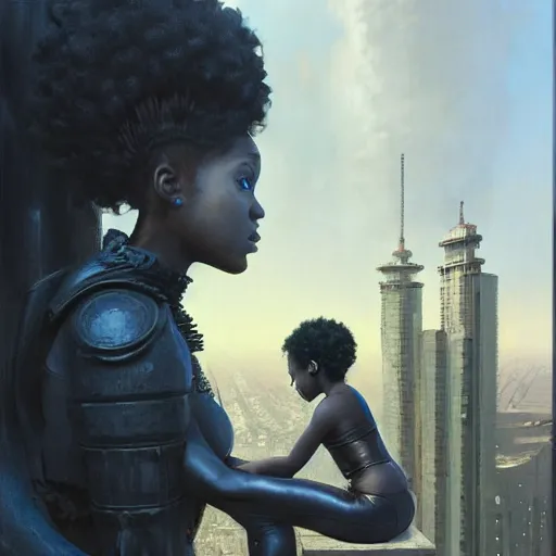 Prompt: a black girl with afro puffs sitting next to a stone gargoyle on top of a skyscraper in the cyberpunk city, by greg rutkowski and android jones, oil on canvas, 8k