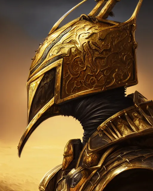 Prompt: hyper realistic side view painting of the king of the desert, angry, gold armour, sword, dramatic lighting, intricate, wild, highly detailed, digital painting, artstation, concept art, smooth, sharp focus, illustration