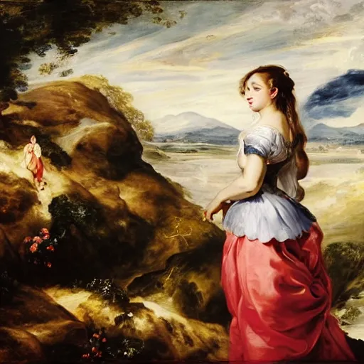 Image similar to heavenly summer sharp land sphere scallop well dressed lady standing next to a honda civic, auslese, by peter paul rubens and eugene delacroix and karol bak, hyperrealism, digital illustration, fauvist, standing next to a honda civic