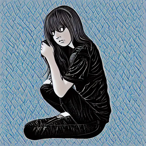 Image similar to teenage emo girl sitting on a bed, doodle, digital art