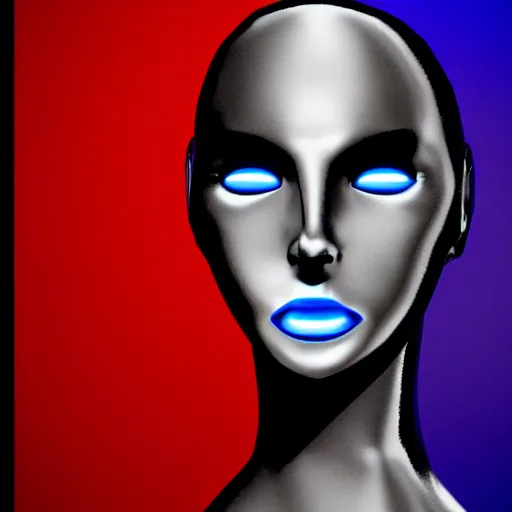 Prompt: female robot head, red blue black and wite colored