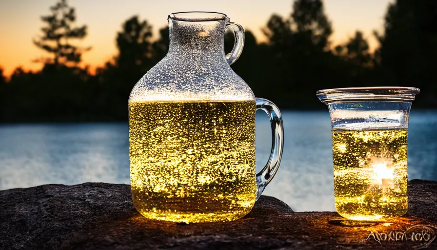 Prompt: [ a glass jug of sparkling water ], glass jug full of ( water and shiny crystals ), highly detailed, dusk, moon light, campsite, hdr, backlit, ( dramatic angle ) 8 k f 5 2 0 mm