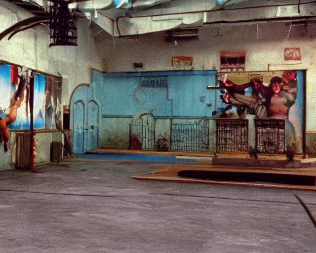 Prompt: a still of irl empty Ken's stage from Street Fighter 2 in the movie Hard Target (1993), HDR, high quality, 8k, highly detailed and intricate,