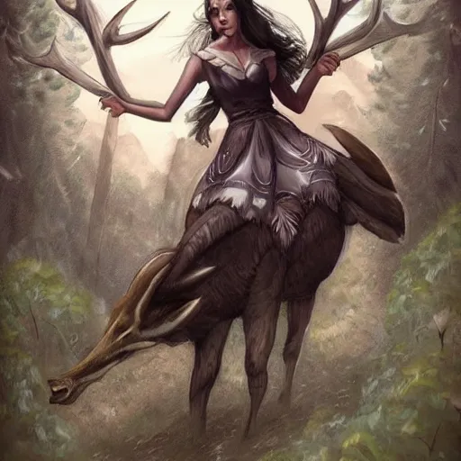 Image similar to girl in a dress riding a giant elk, trending on art station