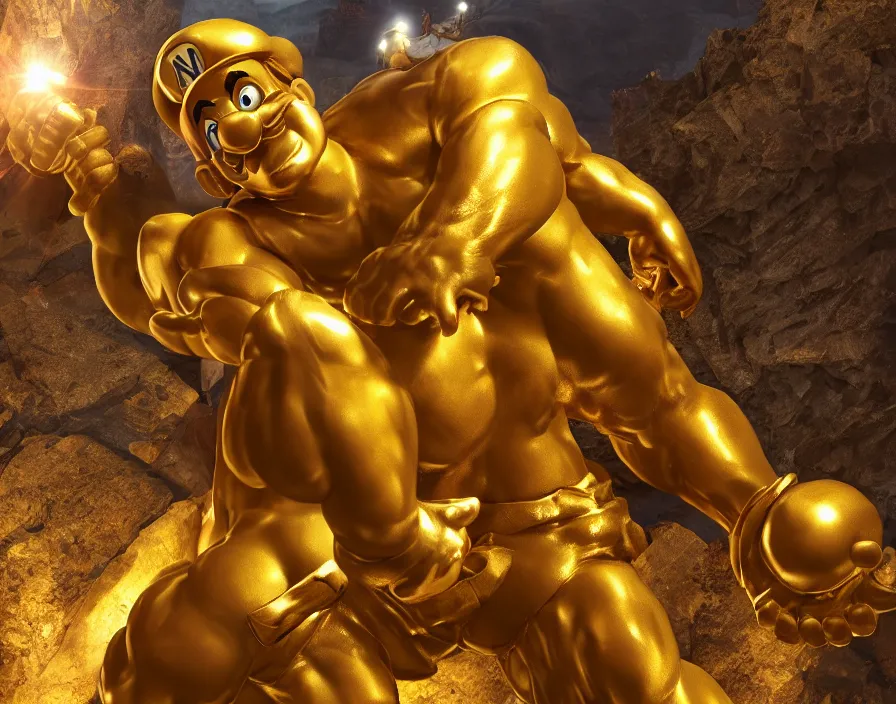 Image similar to golden statue of mario with muscle body like a giga chad, beautiful texture, beautiful graphics, fantasy artwork, very beautiful scenery, hd, hdr, ue 5, ue 6, unreal engine 5, cinematic 4 k wallpaper, 8 k, ultra detailed