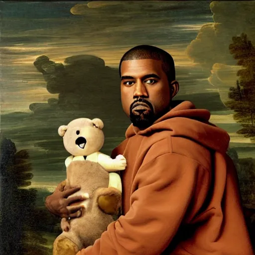 Image similar to A renaissance painting of Kanye West with a anthropomorphic Teddy Bear mascot, portrait, album cover,