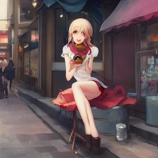 Prompt: full body character design of a beautiful anime girl eating a steak on a city street, elegant, highly detailed, digital painting, artstation, smooth, soft focus, art by WLOP and asanagi