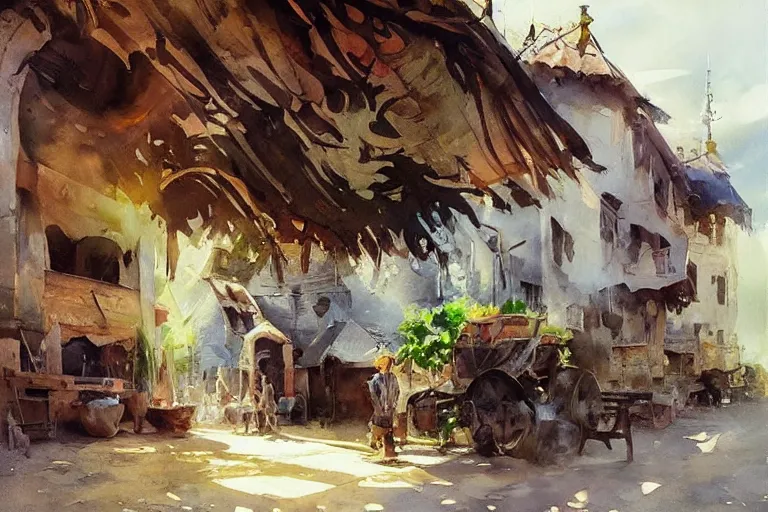 Prompt: paint brush strokes, abstract watercolor painting of rustic village at midday, ambient lighting, art by hans dahl, by jesper ejsing, art by anders zorn, wonderful masterpiece by greg rutkowski, cinematic light, american romanticism by greg manchess, creation by tyler edlin