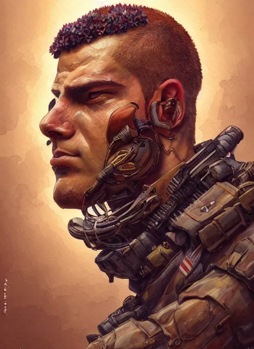 Prompt: handmade character portrait of an angry american soldier man, explosion of flowers, amaratyllis, hydrangea, chrysanthemum and hyacinth, in the style of artgerm and enki bilal and bastien lecouffe - deharme, wlop, line art, watercolor, cinematic lighting, hyperdetailed, hyperrealistic