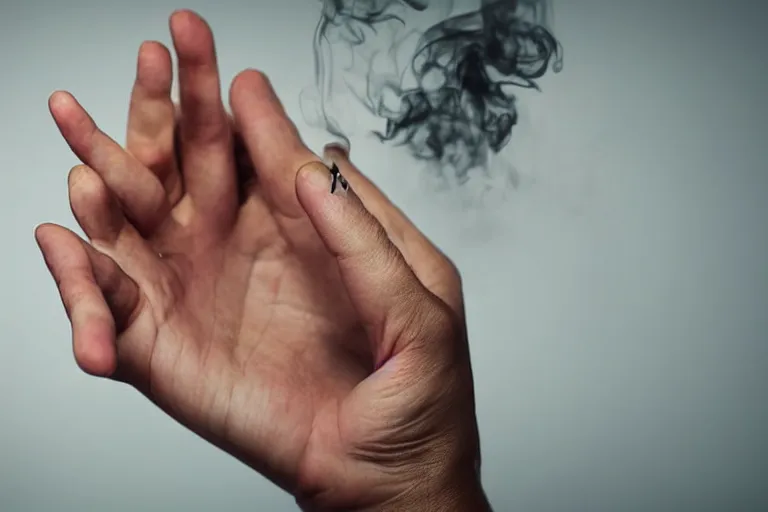 Image similar to Close-up of thin soft hand, cigarette with smoke, hand with five fingers, hyper realistic, high details, photo, super resolution