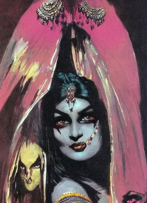 Prompt: female indian vampiress, jeweled veil, heavy mascara, strong line, saturated color, beautiful! coherent! by frank frazetta, high contrast, minimalism